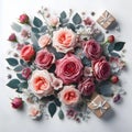 Flowers composition. Frame made of pink and orange roses on white background. Flat lay, top view, copy space Royalty Free Stock Photo